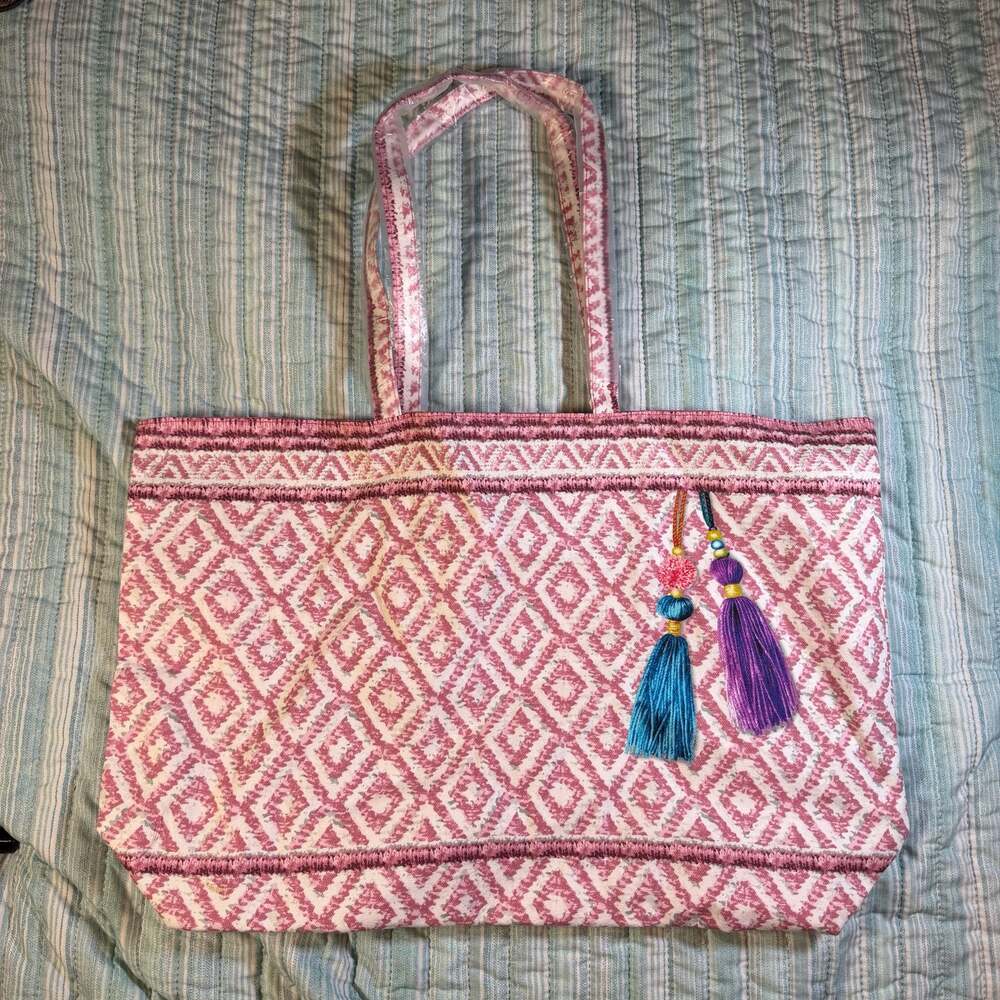 Estee Lauder Pink Diamond Pattern Fabric Large Shopping Beach Tote Bag